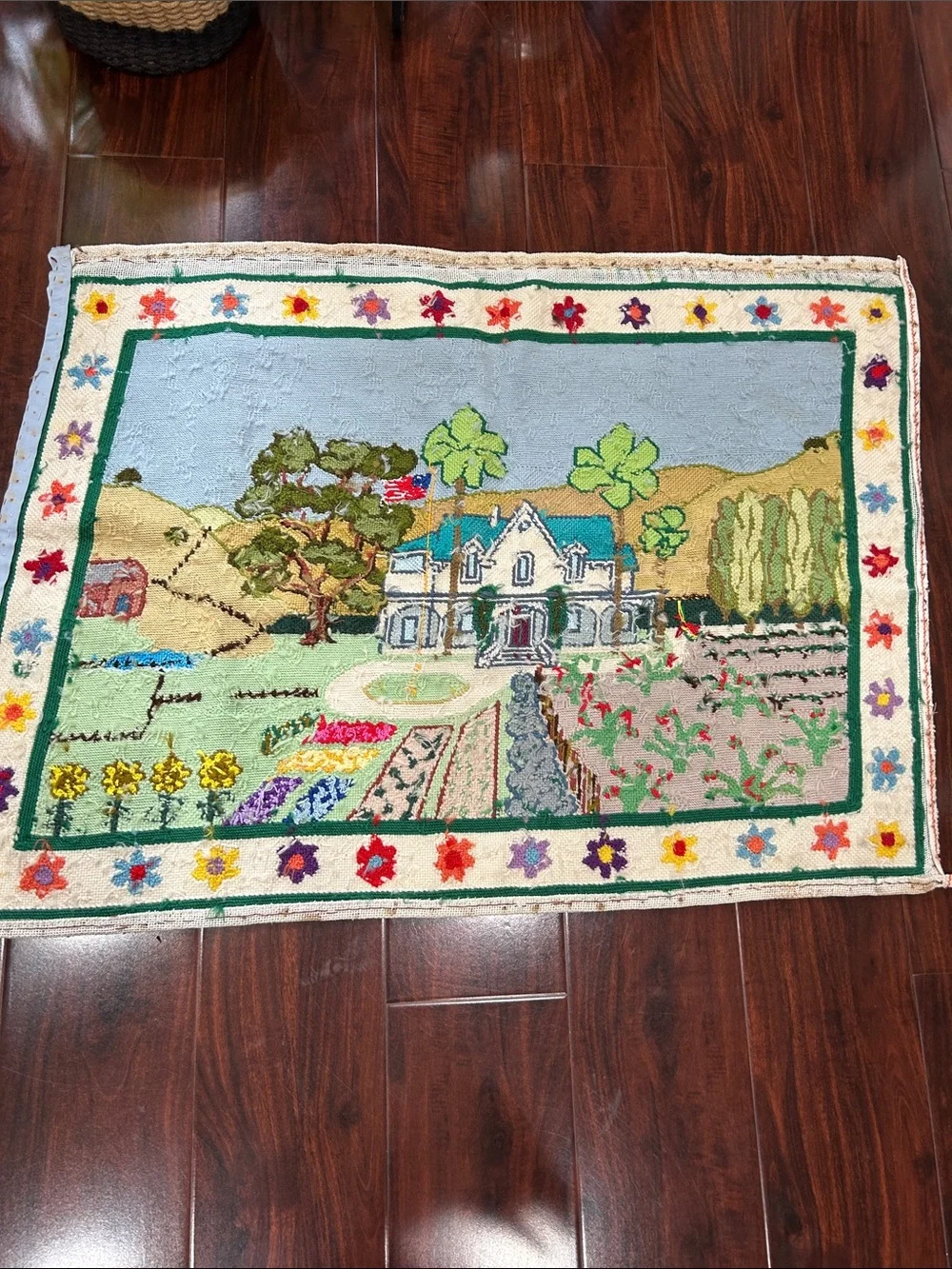 Vintage Handcrafted Needlepoint Tapestry – Country Estate & Garden Scene